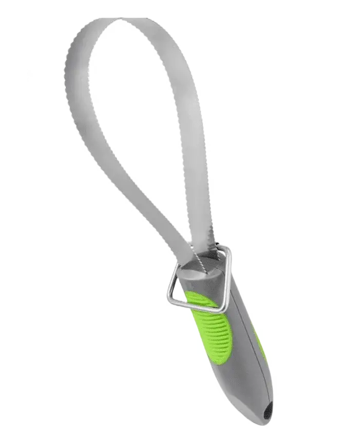 Do Red Fox Labs Shed? Best 3 Ways To Minimize Labrador Shedding A metal loop grooming tool with a serrated edge, attached to a gray handle with green accents, ideal for removing loose hair from animals such as horses, dogs, or even a red labrador puppy.
