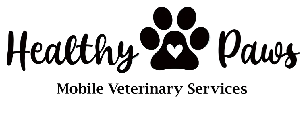 logo with the words "healthy paws" in cursive, separated by a large paw print, and the subtitle "mobile veterinary services" underneath.