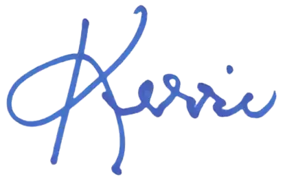 Blue cursive signature spelling the name "Kerri" on a transparent background, featuring a playful red labrador puppy accent.