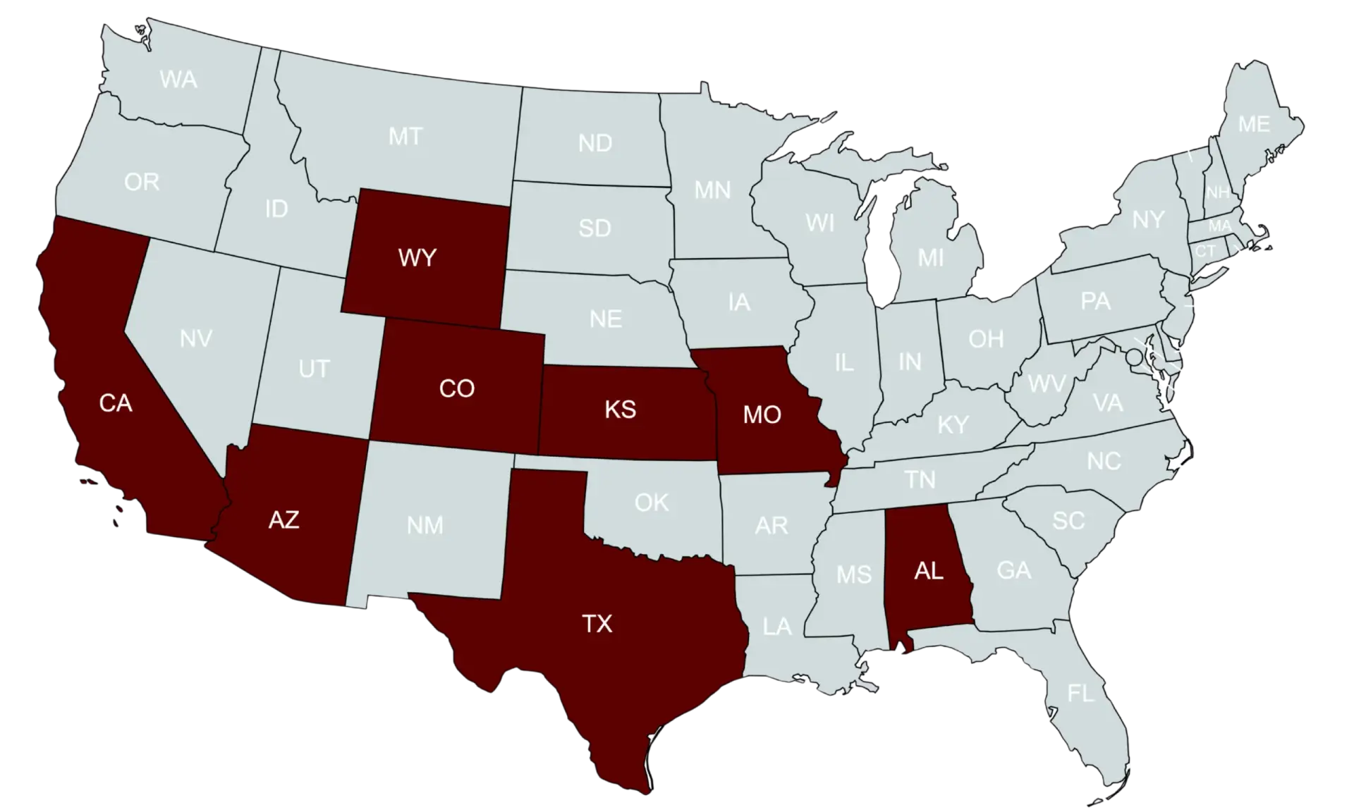 A map of the United States with nine states—Wyoming, Colorado, Kansas, Missouri, Alabama, Texas, Arizona, New Mexico, and California—highlighted in dark red reminiscent of a red fox labrador. The remaining states are light gray.