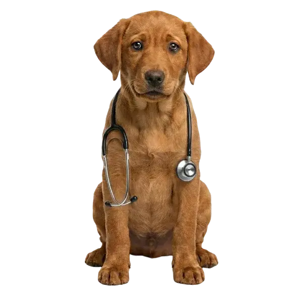 Our Health Guarantee A red fox labrador puppy sits facing forward with a stethoscope draped around its neck, against a plain white background.