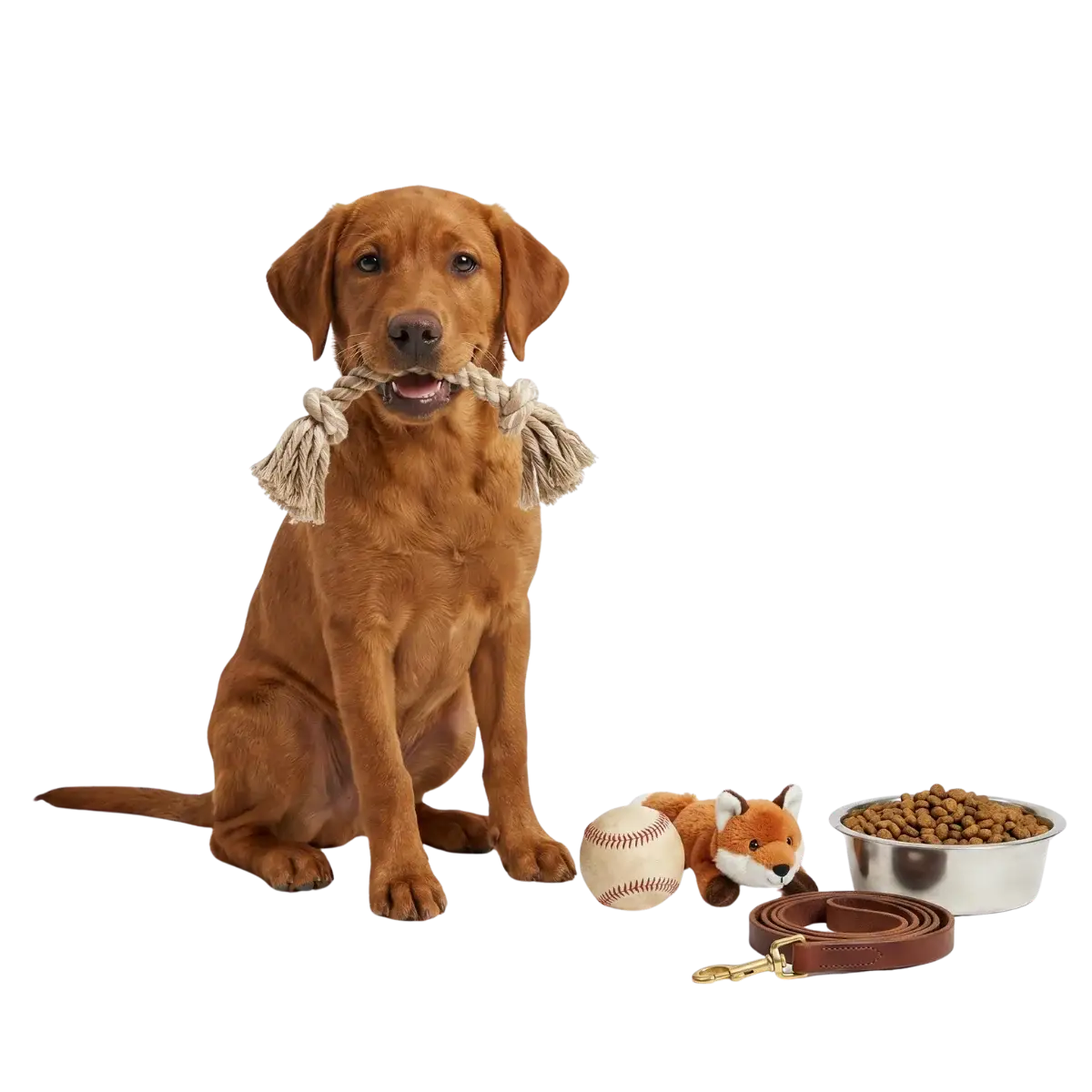 Partners a red fox Labrador puppy sits with a rope toy in its mouth, next to a toy fox, a baseball, a bowl of dog food, and a brown leash, all on a plain white background.