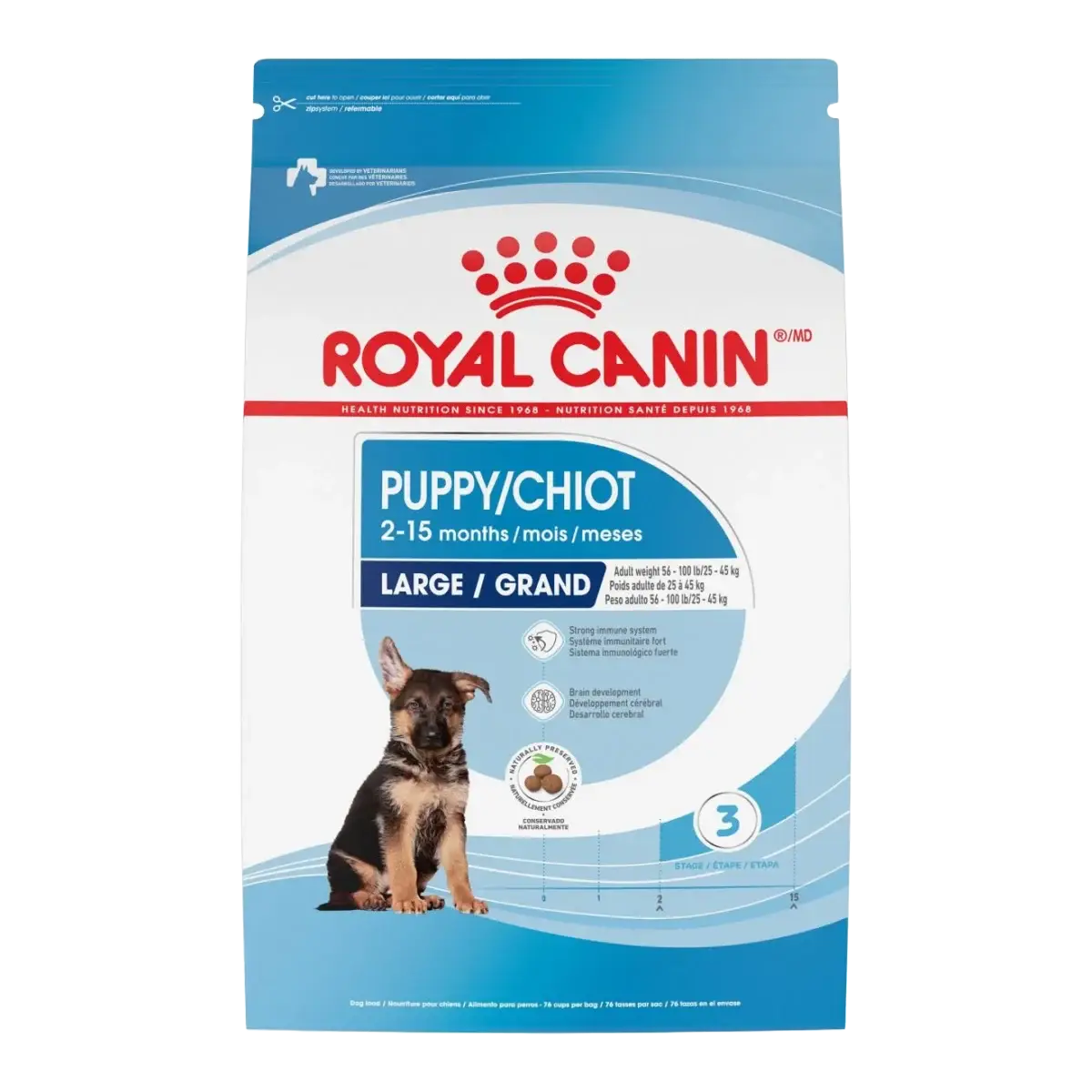 Best Puppy Food For Labradors - Top 3 Breeder Recommendations A bag of Royal Canin puppy food for large breed puppies aged 2-15 months, featuring a German Shepherd and red labrador puppy image, blue and white packaging, with product details in English and French.