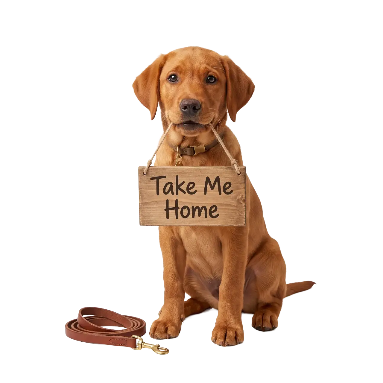 A brown puppy sits with a wooden sign around its neck that reads "Take Me Home," inviting puppy adoption. A brown leash is coiled on the floor beside the puppy against a white background, ready for a loving family to reserve their newest companion.